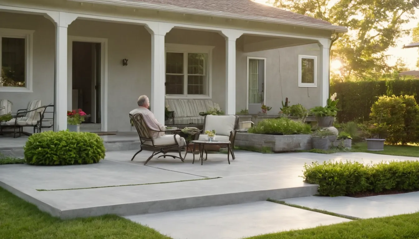 A new concrete patio behind a home in Newton with outdoor chairs and a small table