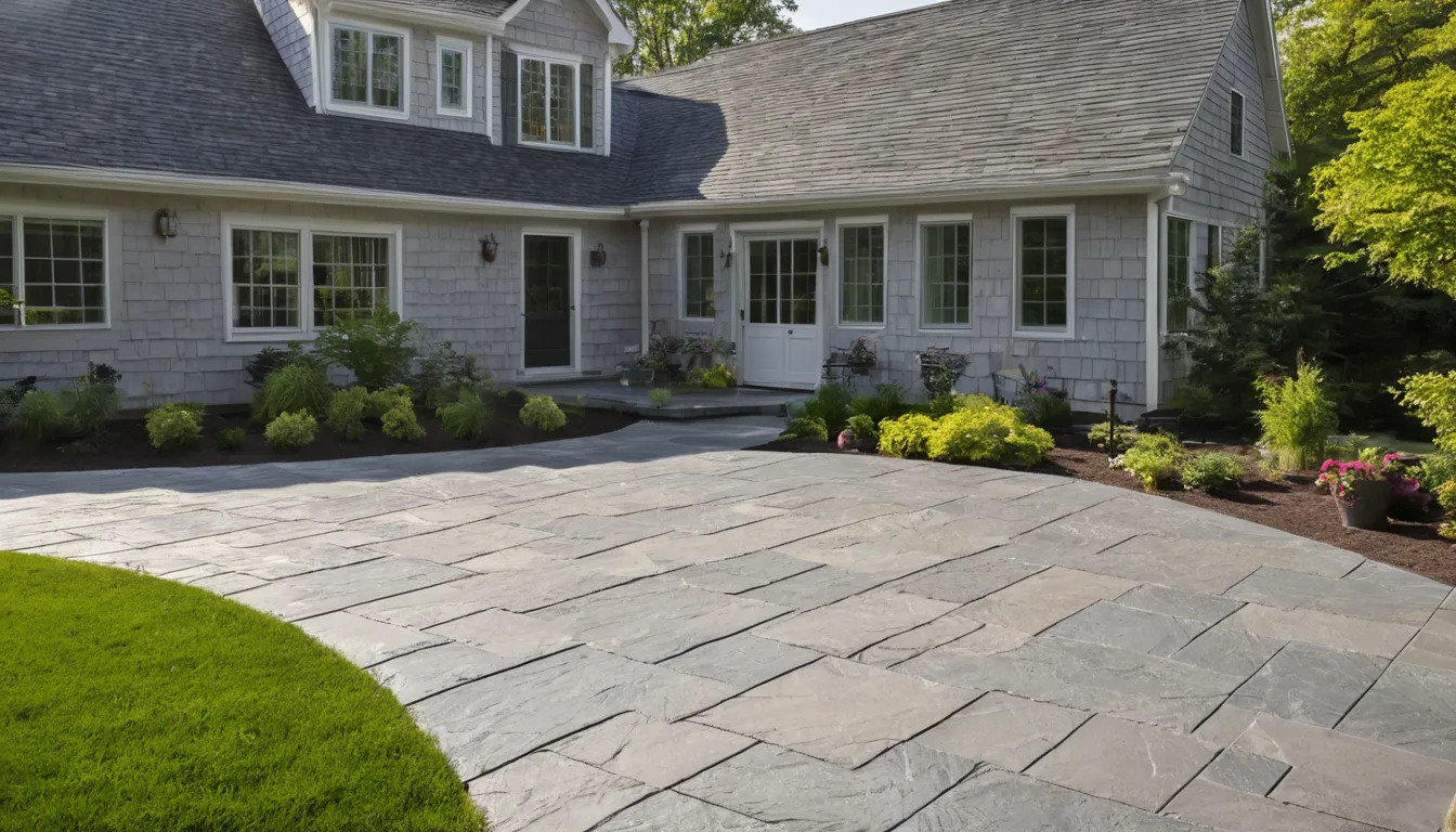 Stamped concrete patio with a slate pattern behind a home in Newton